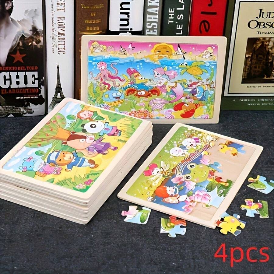4 Pcs Wooden Puzzle Children's Cartoon Animal Wooden Puzzles, Children's Early Education Learning Toys Gifts - 農場 - 查看 1