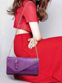 Luxury PU Leather Crossbody Bag, Fashionable Versatile Tote Handbag For Women, Unique Crocodile Pattern Clutch - Purple - View 2