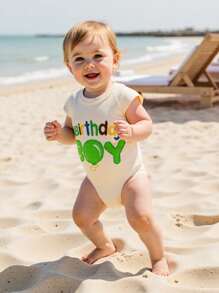 Baby Boys Rompers Birthday Clothes Letter Embroidery Summer Short Sleeve Bodysuits Jumpsuits - Beige - View 6