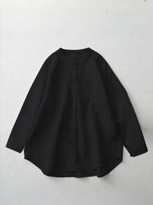 女士亚麻衬衫，休闲舒适长袖圆领纽扣衬衫，适合春秋季穿着，黑色 - 黑色 - 查看 1