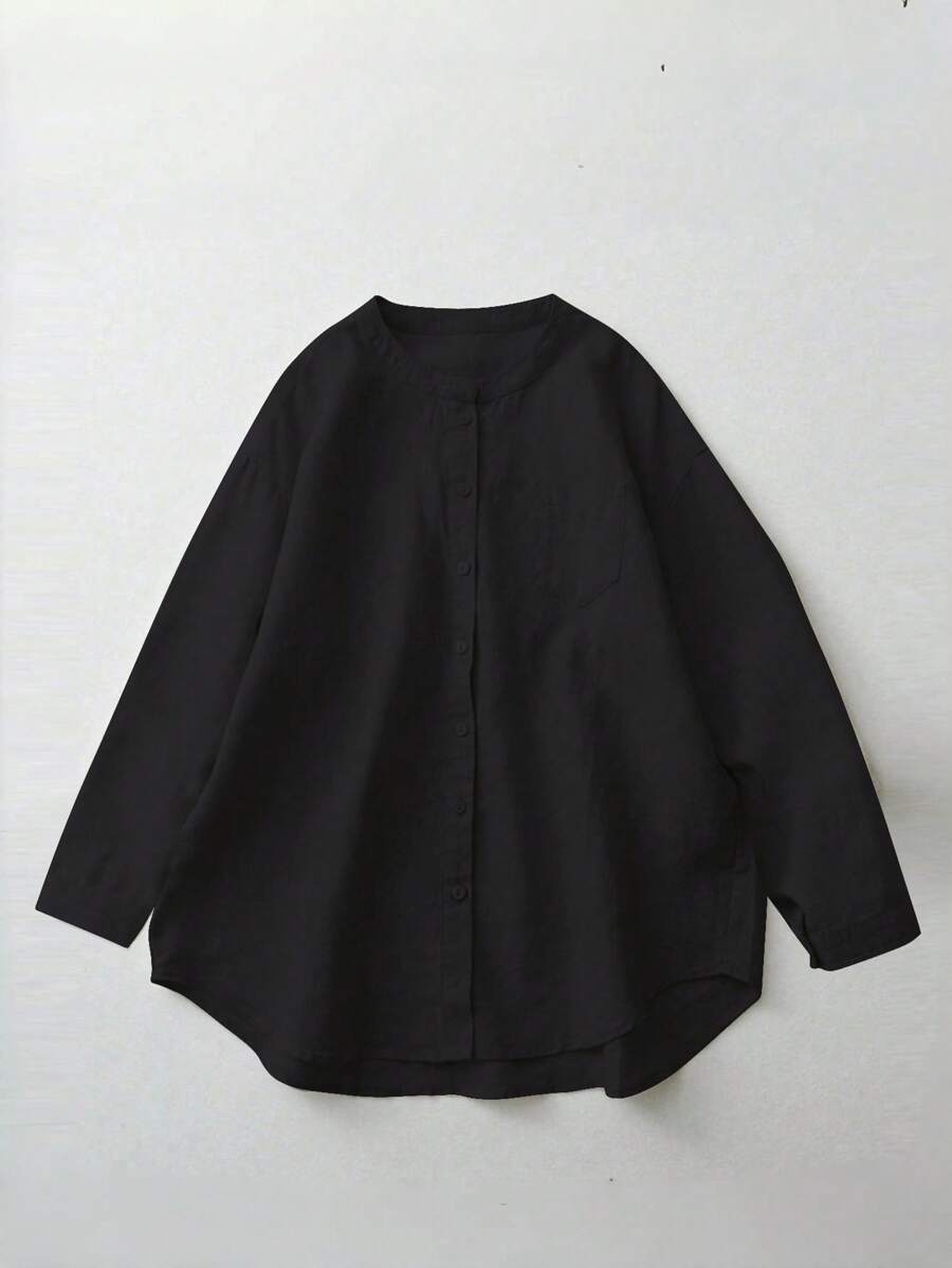 女士亚麻衬衫，休闲舒适长袖圆领纽扣衬衫，适合春秋季穿着，黑色 - 黑色 - 查看 1