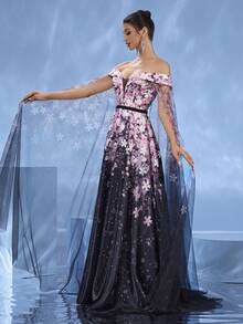 DELLA COUTURE 梦幻粉色碎花紧身修身晚礼服，飘逸薄纱设计，彰显高贵气质，腰部珠饰，优雅浪漫，拖地长裙，适合派对、晚宴、婚礼等正式场合，女士夏装 - 粉色 - 查看 8