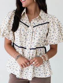 Acelitt 夏季白色撞色滚边花卉泡泡袖休闲宽松衬衫 - 彩色 - 查看 1