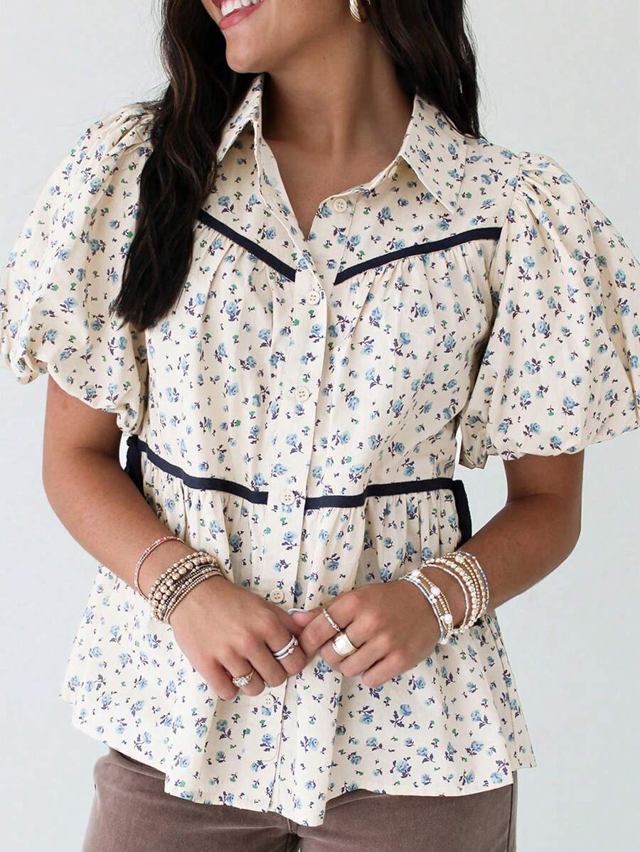 Acelitt 夏季白色撞色滚边花卉泡泡袖休闲宽松衬衫 - 彩色 - 查看 1