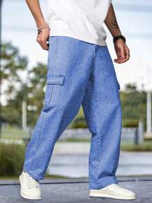 1pc Teen Boys Casual Loose Solid Color Multi-Pocket Straight Cargo Pants, Suitable For Gym, Outdoor, Academy, Spring/Summer/Autumn - Blue - View 3