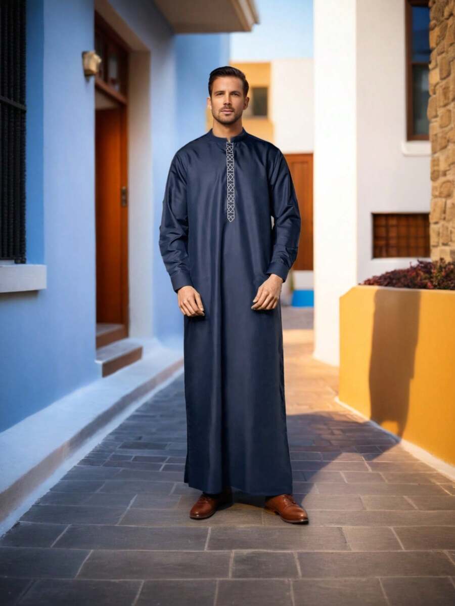 Men's Elegant Arabian Kaftan With Embroidered Geometric Patterns - Long Sleeve Stand Collar Traditional Islamic Robe For Ramadan And Cultural Celebrations, Cultural Attire | Elegant Thobe | Embroidered Detailing