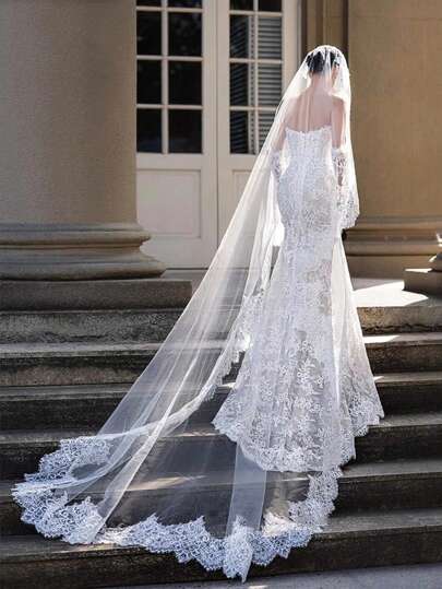 1pc Romantic, Lightweight 3 Meters Lace Trim Bridal Wedding Veil, Elegant For Outdoor, Lawn, Church Wedding Photography Fall Clothes For Women