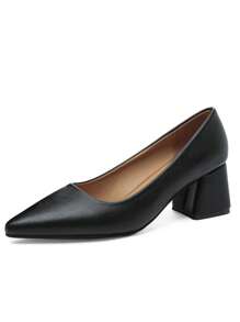 Novos Saltos Rasos Femininos, Sapatos de Couro com Salto Grosso e Bico Estilo Coreano, Sapatos Simples para Senhora de Escritório