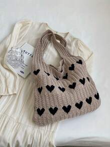 Época de Regresso às Aulas, Bolsa de Compras Tricotada Minimalista de Grande Capacidade com Decoração de Coração para Mulher, Mala de Mão Casual e Mala de Viagem, Carteira de Coração, Combinação Perfeita para Vestido do Dia dos Namorados, Mala de Praia Chamativa, Mala de Praia para Primavera Verão Outono Inverno, Adequada para Uso Casual Diário e Férias na Praia - Caqui - Ver 7