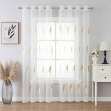 2pcs Semi-Transparent Embroidered Sheer Curtains, Lightweight & Quick-Drying With Rings, Dual-Colored Leaf Pattern, Countryside Style, Suitable For Bedroom, Living Room, Study, Balcony And Partition Curtains - Yellowish White - View 3