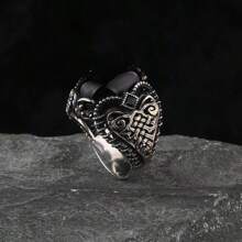 1pc Men's Engagement Ring, Vintage Alloy Artificial Gemstone Decor Ring, Suitable For Daily Wear, Engagement, Wedding, Anniversary, Party, Jewelry Gift For Boyfriend, Husband, Birthday - Black - View 4