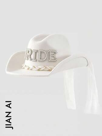 1pc Women's Solid White Cowgirl Hat, Unique Pearl & Rhinestone Veil Trailing Scarf, Bride Letter Decor Cowboy Hat For Wedding, Novelty Punk-Inspired Wide Brim Bridal Veil Hat, Bachelorette Party Essentials