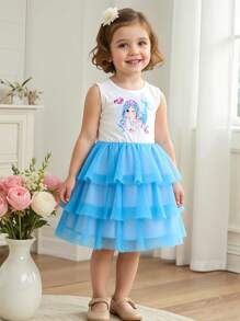 女童 4-7 岁美人鱼印花无袖闪亮亮片鱼鳞网眼多层芭蕾舞裙，夏季