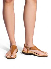 Women Thong Sandals Orthopedic Arch Support Flat Sandals Comfortable Soft Cushion Summer T-Strap Flats Shoes - 駝色 - 查看 8