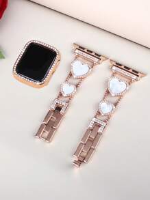Ensemble combo de bracelet et de coque, bracelet métallique scintillant en strass avec ornement en forme de cœur pour femmes, coque de protection en PC avec strass, compatible avec Série Ultra/10/9/8/7/6/5/4/3/SE, 49/46/45/44/42/41/40/38mm