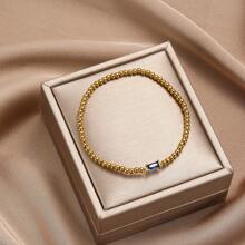 TUANZISP 1pc Women Birthstone Beaded Adjustable Bracelet, Luxury Gold Tone Stainless Steel Elastic Charm Bracelet, Elegant Birthday Gift For Her