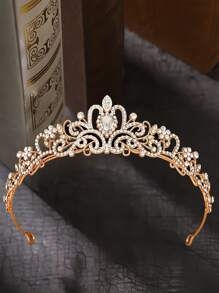 1pc Glass Crown, 1pc Elegant Golden Princess Crown Headpiece, Hoop, Crown For Women, European & American Style, Suitable For Ball, Birthday Party, Wedding, Portrait, Alloy Crystal Bridal Crown, Event Decoration, Cosplay Prop, Kimono Accessory Valentine's Day Accessories - Gold - View 4