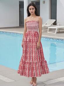 Strapless Dress For Women Ruffled Trim Flower Plant Pattern Sleeveless Tube Smocked Long Dress - Orange - View 4