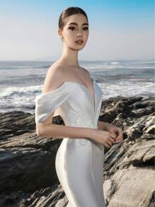 高贵华丽露肩蕾丝刺绣优雅正式晚会舞会新娘鱼尾婚纱 - 白色 - 查看 3