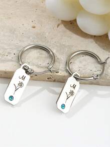 1Pair Personalized Engraved Initial Letter Birthstone Earrings With BirthFlower,Charm Engraved Name Month Birthflower Earrings,Custom Fashion Jewelry Gift For Women,Birthday Gift,Commemorative Gift