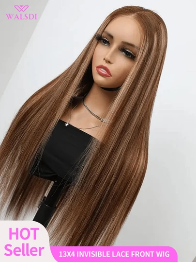WALSDI 高光前蕾丝假发 13*4 自然发际线长直发 28 英寸蜂蜜金色日常使用高品质女士假发自然外观高品质柔软初学者友好假发高清透明前蕾丝假发