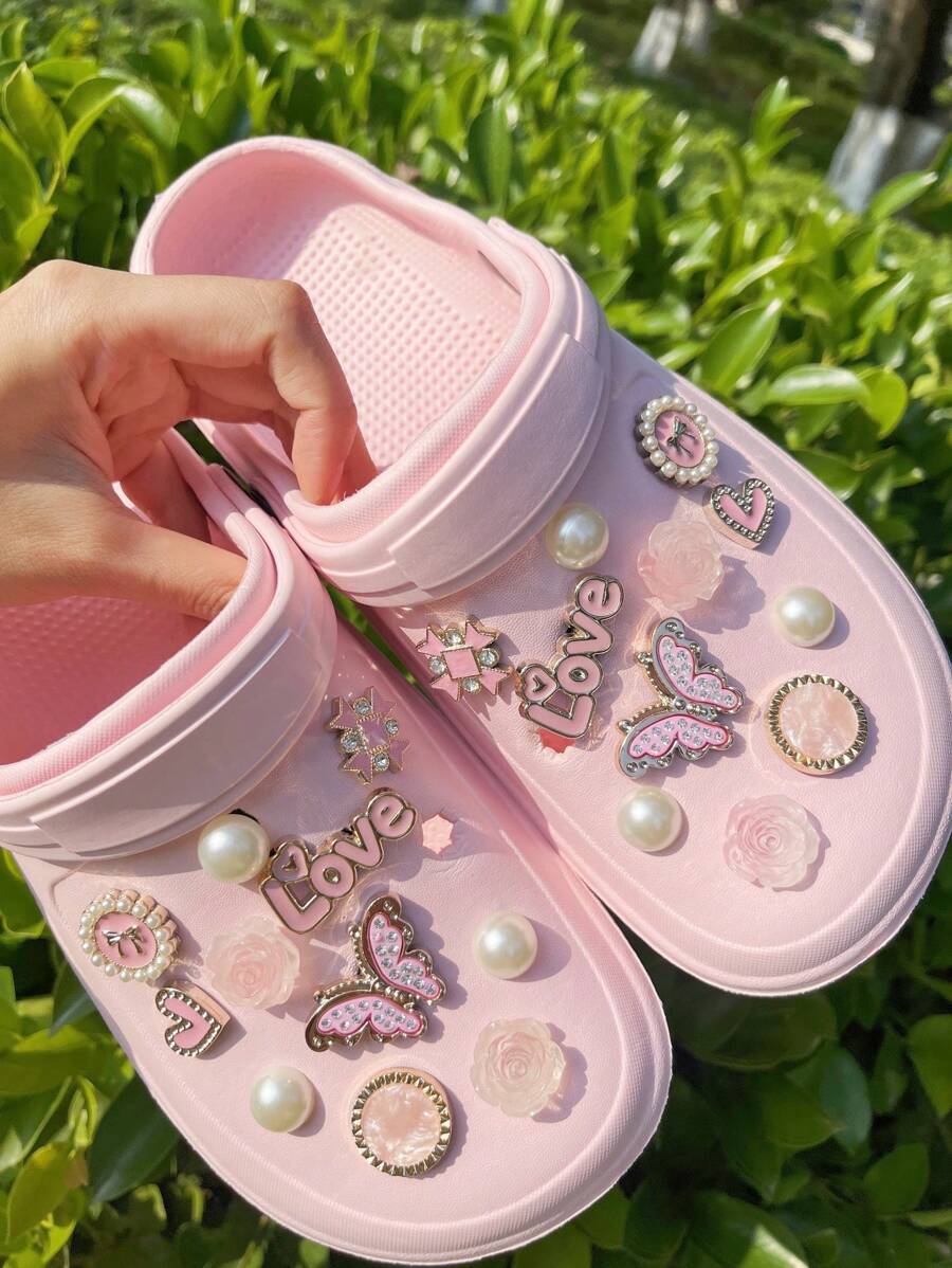 22 st/set Rosa fjäril och blommiga brevskor dekorationstillbehör, lämplig för tofflor, sandaler, gör-det-själv - Rosa guld - Visa 1