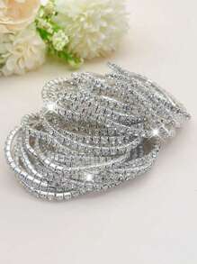 1 Set Of Multiple Strips Dazzling Sparkling Rhinestone Stretch Bangles Set - Adjustable Elastic Design, Bling Bridal Wedding Party Style, Nightclub Decor, Fashionable Accessory For Women, Perfect Gift For Friends And Family