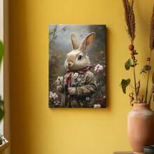 1pc Framed Wall Art, Wrapped Canvas Poster Vintage Prints, Easter Day, A White Rabbit In A Floral Suit, Home Living Room Bedroom Ofice Wall Decor, Birthday Party Decor, Hanging Hardware Included - Framed, Vertical