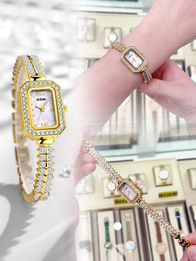 DOM 1 pièce Montre-bracelet élégante pour femme en or et argent, avec des ornements en cristal véritable, design de bijoux classique, étanche, petit cadran carré élégant et stylé, mouvement à quartz automatique importé avec pile longue durée. Un beau cadeau pour elle, convient pour le port quotidien et les occasions spéciales, un accessoire mode indispensable.