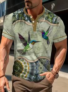 1 peça Camisa Henley de manga curta masculina de verão - Casual esportiva, estampa gráfica de pássaros com detalhes de botões, gola redonda, lavável, adequada para uso diário Camiseta - Multicolorido - Ver 1
