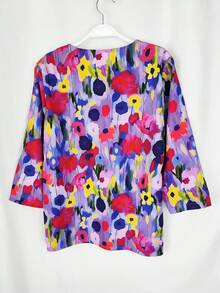 Jisfaneya 无定位印花 V 领七分袖四向弹力印花紫色花卉度假休闲日常百搭短袖上衣春季假期 - 紫色 - 查看 4