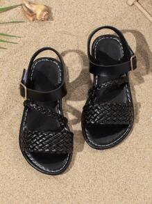 Summer Kids Woven Strap Sandals, Casual & Fashionable, Boys & Girls Flat Beach Shoes Suitable For Daily, Holiday And Travel - Black - View 2