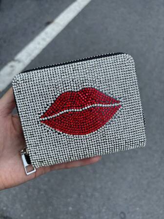 Cartera corta de PU con strass en los labios, monedero mini con cremallera de cobre, monedero de mujer de doble uso, bolso de fiesta de cuero estilo europeo y americano de moda INS para chica, mini cartera, tarjetero de mujer, múltiples ranuras para tarjetas, monedero para monedas, clip para dinero, cartera, regalo de cumpleaños, San Valentín, Navidad