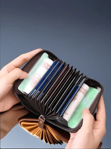 Porta-cartões acordeão mini com zíper masculino, estojo multifuncional para cartão de crédito pequeno, carteira de identidade e moedas estilo vertical