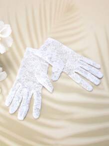 2 件装花卉印花波西米亚风涤纶纤维简约新娘手套，适合婚礼、宴会、四季穿着