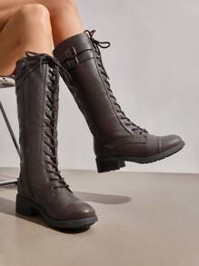 Women's Camel Faux Leather Pu Knee High Riding Combat Boots - 棕色 - 查看 3