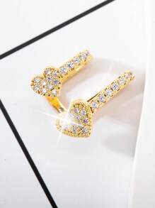1pc Fashionable & Delicate Rhinestone Double Heart Minimalist Ear Cuff, Suitable For Daily Wear, Party And Formal Occasions - Yellow Gold - View 3