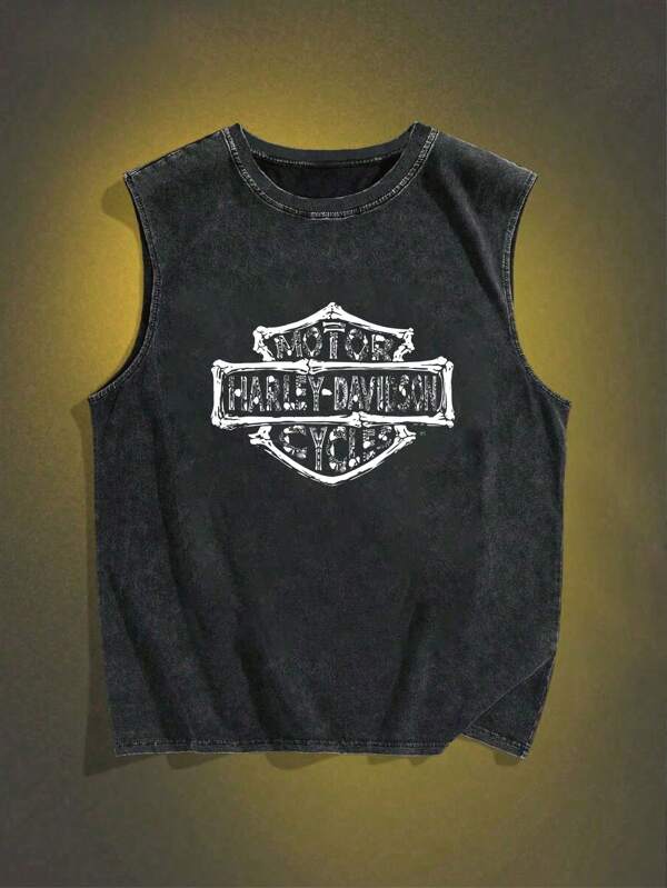 Plus Size Men's Casual Skull & Rhinestone Graphic Print Sleeveless Vest, Street Style Loose Fit Streetwear Y2K Fashion Tank Top