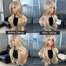Peluca de encaje frontal rubia de 22 pulgadas de largo con onda y reflejos, peluca sintética de cabello Kanekalon resistente, sin pegamento, de 13x6 pulgadas, con flequillo de cortina, línea de cabello libre, densidad del 150%, lista para usar, para uso diario, fiesta, festival y días festivos. Pelucas sintéticas amigables para principiantes con encaje transparente