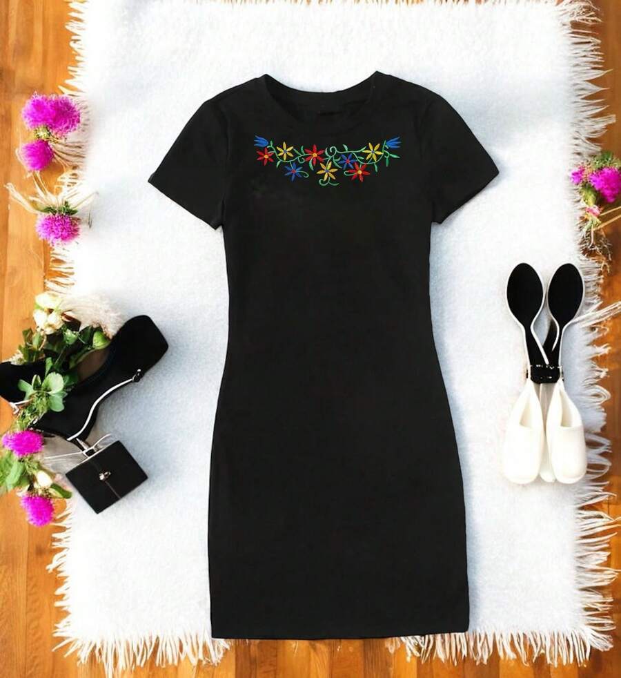 Women's Straight Dress With Embroidered Flower Creeper Design - Black - View 1
