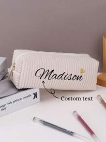 1 Pieza Estuche de lápices de pana con transferencia térmica personalizada, nuevas rayas gruesas, estuche de lápices personalizado con texto personalizado - Gran capacidad, bolsa de almacenamiento - Perfecto para guardar útiles escolares, artículos de oficina y regalos únicos de vuelta al colegio