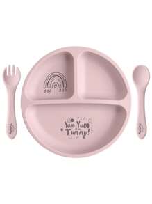 PopLittleOne 3件装婴儿硅胶餐具套装宝宝卡通图案餐具软勺叉吸盘喂食训练婴儿食物储存