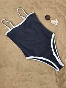 Women's Contrast Spaghetti Straps Modest Tummy Control One Piece Swimsuit For Summer Beach Outfit - Black - View 4