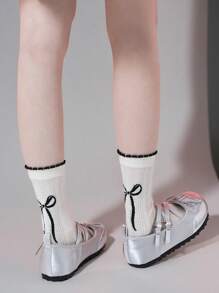 1 双女士中国风蝴蝶结蕾丝边时尚民族风薄款芭蕾舞中筒袜