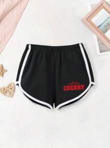 2 Pieces Tween Girl Letter Slogan & Cherry Number 8 Print Peter Pan Collar Short Sleeve Crop Top & Sports Shorts Set, Spring/Summer For Girls