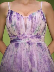 Mgiacy, Hàng mới về, Áo ba lỗ, Lãng mạn, Lưới, In, Tím nhạt, Váy phù dâu, Nhún nhún, Váy dài - Màu tím - Xem 6