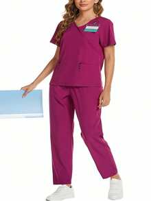cimmuovere Uniforme de trabajo informal con top de manga corta con cuello en V cruzado y doble bolsillo, pantalón recto con cintura elástica para mujer. Conjunto de ropa de trabajo para enfermera, laboratorio, etc.