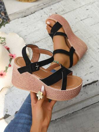 Women's Summer Open Toe Criss-Cross Wedge Sandals, Casual Vacation Style Faux Linen Sole Platform Heeled Shoes