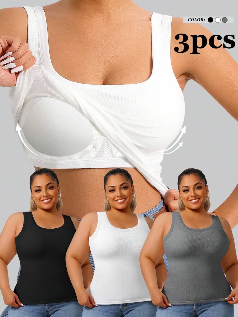 3pcs/Set Plus Size Women's Racerback Camisole Tops With Chest Pads, Solid Color Undershirt/Layering Vest