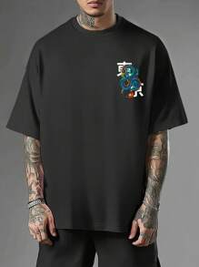 Manfinity Men's Tokyo Dragon God Pattern Casual Short Sleeve T-Shirt, Suitable For Friends - Black - View 5
